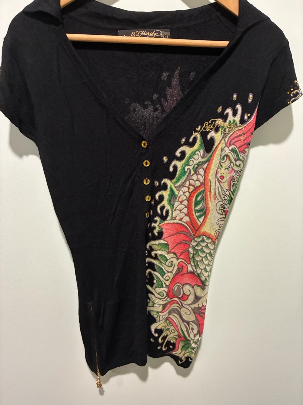 Vintage Ed Hardy Black V-Neck Tunic Top Mini Dress with Red Mermaid Motif Sz 8